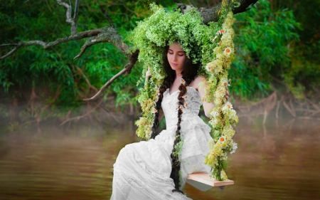 Lady in the swing - flowers, swing, woman, model