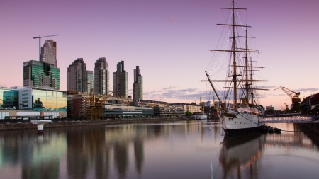 tall ship docked at a river pier - reflections, river, dusk, city, tall ship, pier