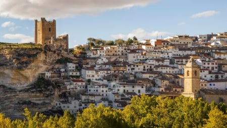 castle ruins above town of albacete spain - trees, castlruns, town, cliff, hillside