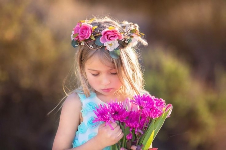 Sweet shots - sweet angel, pink roses, girl, child, bouquet, wreath, purple flowers