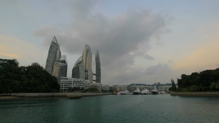 beautiful modern building complex - clouds, modern, yachts, harbor, city, buildings