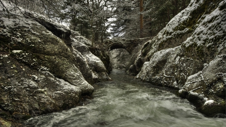 stone bridge over river gorge in winter monochrome  - river, stone, trees, winter, gorge, rocks, bridge