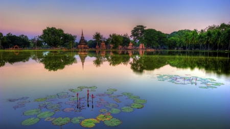 sukhothai historical park in bankok thailand - lilies, reflections, lake, temples, park