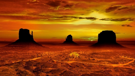 concentrated sunrise in monument valley - desert, road, sunrise, colors, monuments, valley