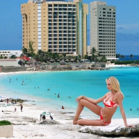 Giantess Candice Swanepoel on Cancun Beach, Mexico