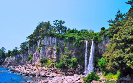 Waterfall on Jeju Island, South Korea - island, beach, south korea, waterfall