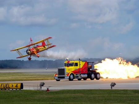 Biplane Airplane And Jet Truck - jet truck, plane, semi, biplane