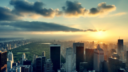 sunset over magical new york city hdr - clouds, sunset, hdr, skyscrapers, city, park