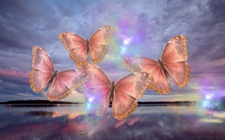 BUTTERFLIES - WINGS, CLOUDS, PASTEL, SKY, REFLECTION, BUTTERFLIES