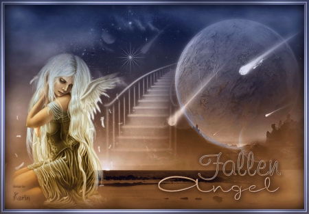 FALLEN ANGEL - stairs, moon, angel, female, wings