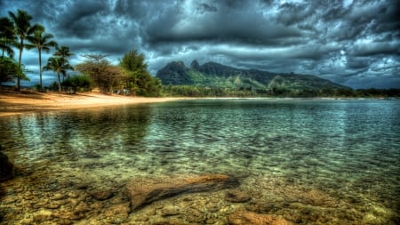 Kauai Beach, Hawaii - clouds, kauai, trees, water, beach, island, hawaii, ocean, reflection, mountain, nature, sky, rocks