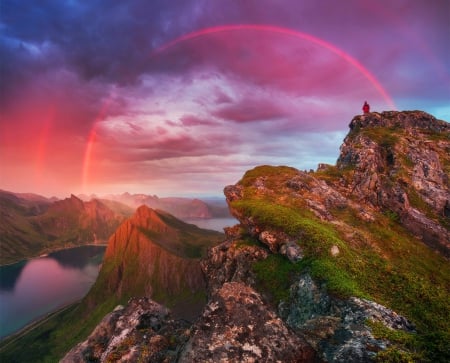 Rainbow Sunset - clouds, Norway, beautiful, island, grass, fjord, sunset, rainbow, cliffs, mountains, sky, canyon