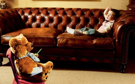 The psychotherapist - sofa, psychotherapist, creative, toy, child, fantasy, funny, teddy bear, bloy