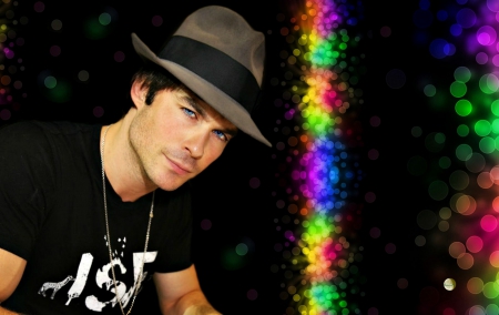 Ian Somerhalder - hat, bokeh, actor, by cehenot, tv series, man, vampire diaries, black, rainbow, Ian Somerhalder, blue eyes