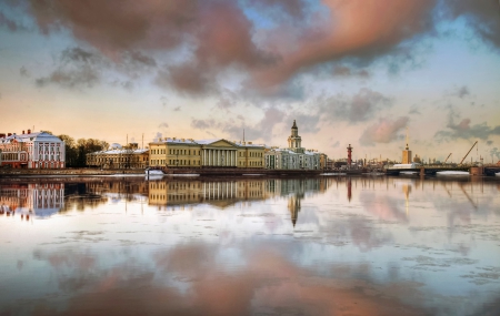 Reflection - winter, town, splendor, sea, reflection, buildings, sunset, nature, sky