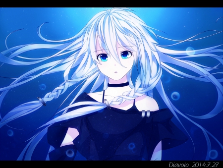 Deep Sea - beauty, nice, female, emotional, water, anime girl, gloom, underwater, pretty, anime, silver hair, gloomy, girl, braids, long hair, lovely, cg, vocaloids, hd, vocaloid, beautiful, sweet, white hair, ia