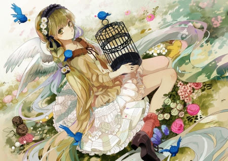 Angel Cage - angel, wings, anime girl, blond hair, blonde hair, petals, feather, hatsune miku, long hair, vocaloids, floral, beautiful, vocaloid, sweet, dress, nice, beauty, female, blond, miku hatsune, pretty, anime, miku, girl, braids, gown, lovely, bird, hatsune, cage, wing, blossom, blonde, flower