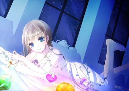 Reveur - pretty, anime, kawaii, female, maiden, lying, happy, gorgeous, hd, nice, smiling, anime girl, laying, beautiful, gems, girl, beauty, lovely, jewel, sweet, cg, smile, lady, awesome, jewelry, adorable, lay