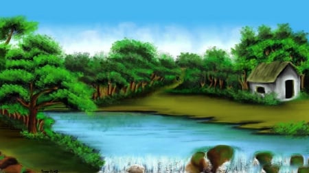 Vacker nature - nature, paint, lake, trees