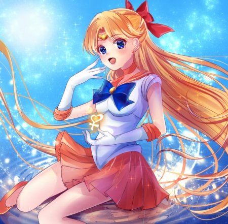 Sailor Venus - sailor venus, beauty, nice, female, smiling, blond, anime girl, blond hair, blonde hair, pretty, anime, ribbon, girl, magical girl, long hair, lovely, sailor moon, beautiful, sweet, sailormoon, smile, happy