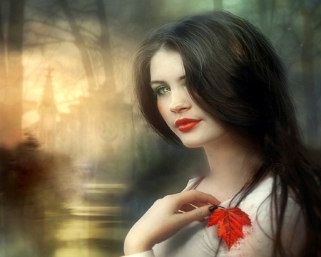 ~Autumn Girl~ - girls, photomanipulation, autumn, models, people, emotional, creative pre-made, pretty, digital art, softness beauty, red leaf, beautiful girls, lovely, love four seasons, weird things people wear, backgrounds, fall season