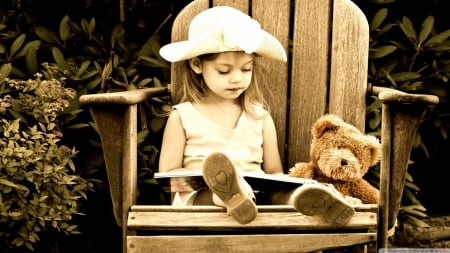 Little Girl - chair, girl, bear, child, book