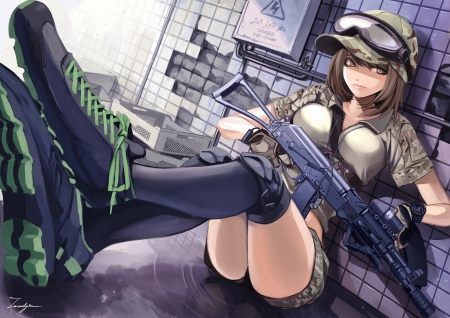 Water Front - gun, beauty, nice, female, hot, anime girl, pretty, sinister, anime, blouse, short hair, sexy, girl, shirt, lovely, cg, hd, beautiful, sweet, awesome, pants