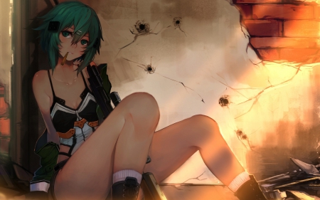 Want Me for HimSelf, Win with Me Dual - BG, Black, Colours, HighSchool Warrior, Anime, Beauty, Sniper, HighSchool Girl, Gun Gale Online, Green Hair, Legs, Sword Art Online, Lady, Wall, UnderWater, New, Sion