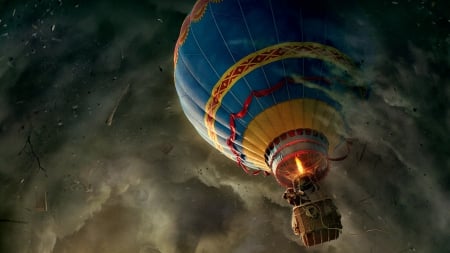 Hot Air Balloon - clouds, yellow, blue, balloon, air, hot, shadow, nature, gray, box, sky