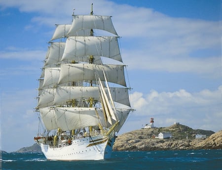 Sorlandet Sailboat - clouds, blue, ship, boat, ocean, sails, boats, white, nature, sailboat, lake, sorlandet, sky