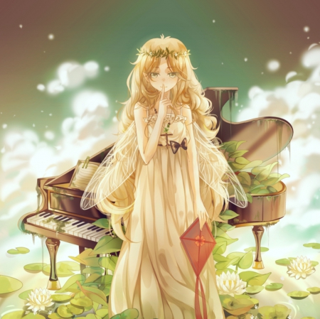 Silent Noise - nice, beauty, female, blond, wings, kite, anime girl, blond hair, piano, pretty, blonde hair, anime, pond, girl, long hair, silent, gown, lovely, lotus, floral, water lily, wing, beautiful, blossom, sweet, fairy, dress, blonde, flower