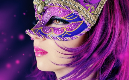 Girl - woman, bokeh, mask, girl, model, glitter, face, purple, pink