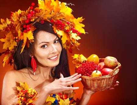 Autumn lady with fruits basket - lady, fruits, leaves, basket, autumn, fashion