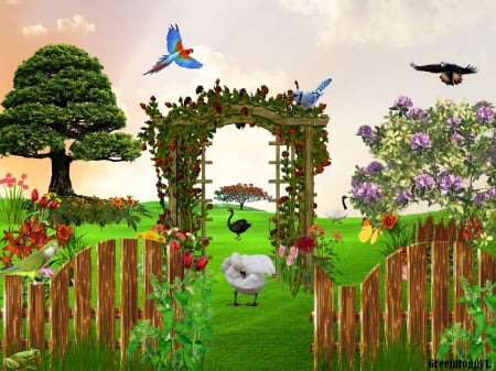 NATURES GARDEN - flowers, frog, trees, birds