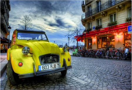 Evening in Paris - clouds, street, car, hdr, cobblestone, restaurant