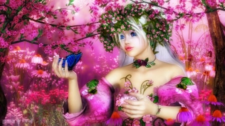 Allison - summer, girl, beauty, spring, lovely, flower, pink, elf, lady, butterfly, elven, dreamy