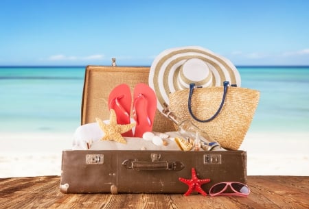 â™¥Summer Vacationâ™¥ - beach, summer, bag, vacation, starfish, suit case, sand, sea, flip flopes