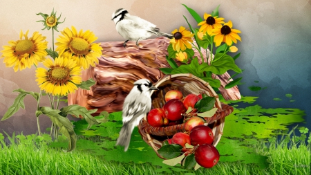 Apple Birds and Flowers - sunflowers, fresh, summer, apples, fall, log, flowers, grass, garden, birds