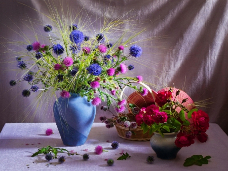 Still life - summer, delicate, pretty, beautiful, flowers, vase, harmony, still life, roses, petals, lovely, basket, colorful