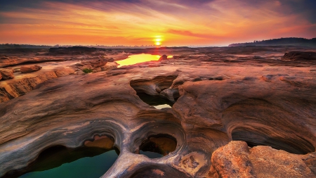 amazing rocky pools under a sunset - pools, sunset, holes, rocks