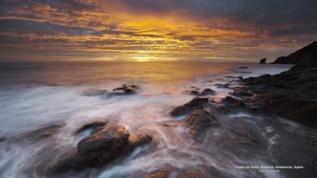 Cabo de Gato - sunset, water, ocean, Spain, tide, Rocks, seashore