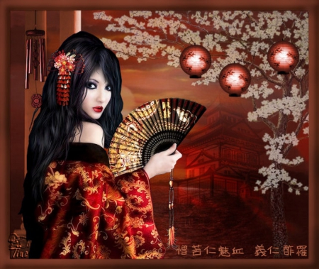 CHINA DOLL - geisha, fan, female, red