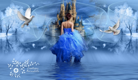 FAIRYTALE CASTLE - WATER, DRESS, BLUE, FAIRYTALE, BIRDS, DOVES, FEMALE, REFLECTION, CASTLE