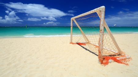 Goalkeeper Wanted! - summer, boat, soccer, beach, football, ocean, goal, vacation, nature, paradise, tropic, tropical, sun, sky, holiday, coast, clouds, sea, sunshine