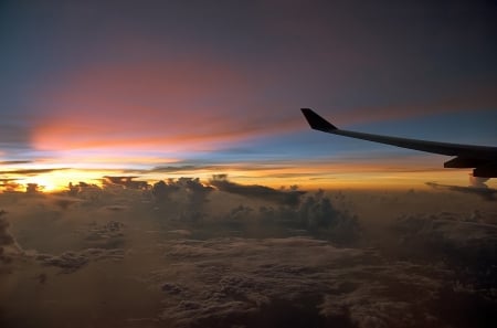 Above the clouds - plane, sunset, above, clouds