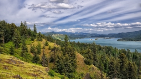 beautiful lake coeur d alene in idaho - lake, mountains, forests, clouds