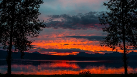 beautiful red twilight - lake, trees, clouds, red, twilight, shore