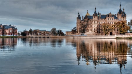 splendid german castle reflected in a lake - lake, town, reflection, castle, overcast