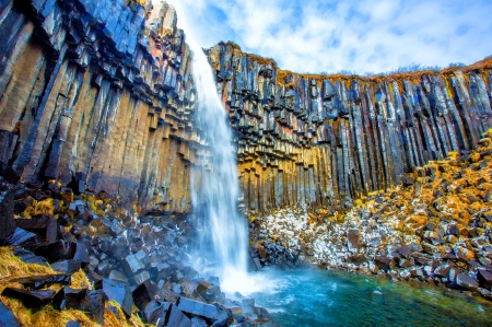 Skaftafell, Iceland - basalt columns, beautiful, clouds, stone amphitheatre, grass, waterfall, turquoise pond