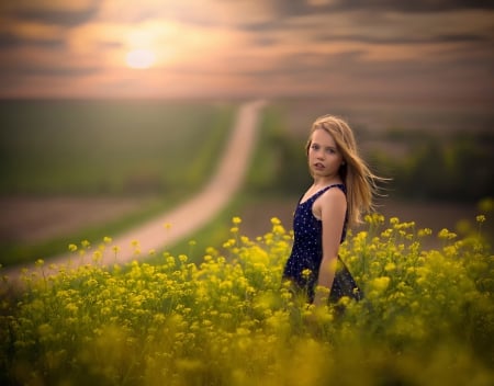 Sweetness - sky, girl, landscape, sun, sunset, child, nature, face, clouds, splendor, sweetness